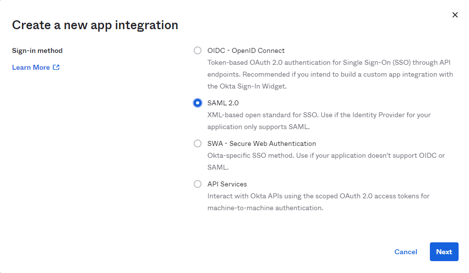 Okta create application